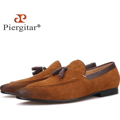 Piergitar 2019 new arrival black and brown colors men suede shoes with leather tassel handmade mens loafers smoking slippers