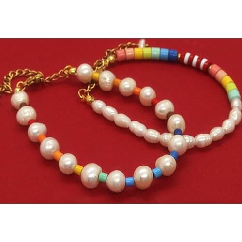 Simple Bohemia Jewelry Rainbow Order Turquoise-Stone Glass Beads Pearl Bracelet Stainless Steel Metal 18K Gold-Plated Bracelet