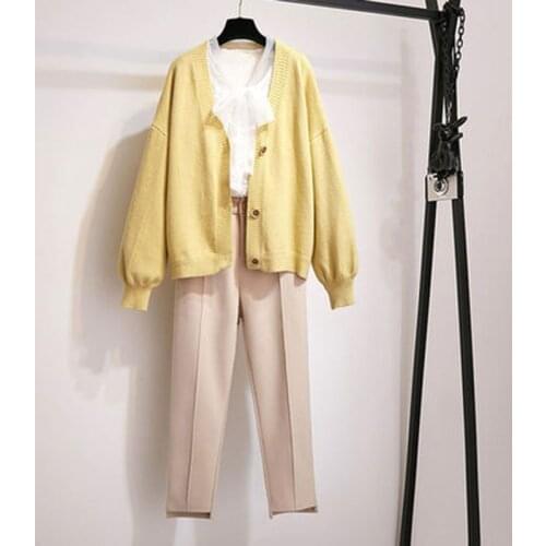Plus Size Womens Casual Suit Spring Autumn 2020 New Loose Lantern Sleeve Sweater Cardigan Woolen Pants Three-piece Female A600