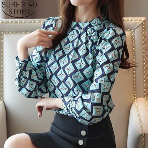 Long Sleeve Chiffon Blouse Women Print O-neck Blouse White Black Spring and Autumn Tops Korean Fashion Clothing Casual 6053 50