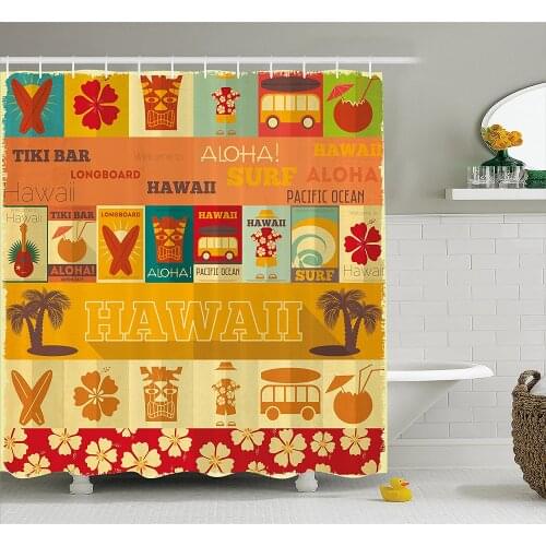 Tiki Bar Shower Curtain Retro Travel Cards Collection Holiday in Hawaii Icons Summer Vintage Print Home Decor Bath Curtains