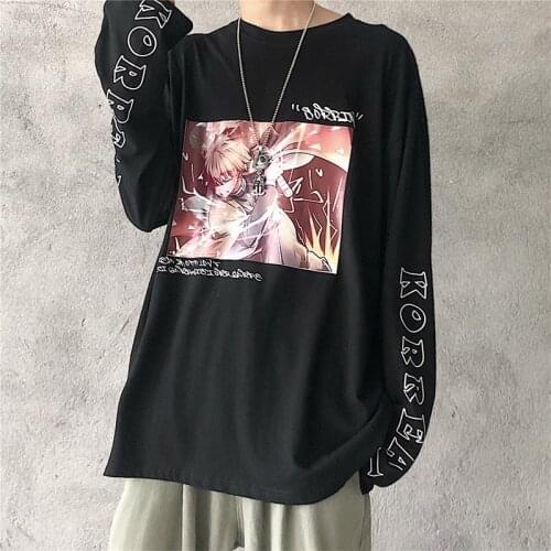 Comfortable Japanese Cool Funny Cartoon Print Full Sleeves t-Shirt Harajuku Casual Unisex Clothes Hight Street Tees Streetwear