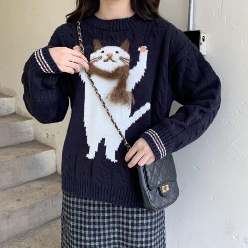Harajuku Knitted Sweater Women Clothes Autumn Winter Fashion New Sweet Cute Cartoon Cat Korean Sweater Female Kawaii Pullover
