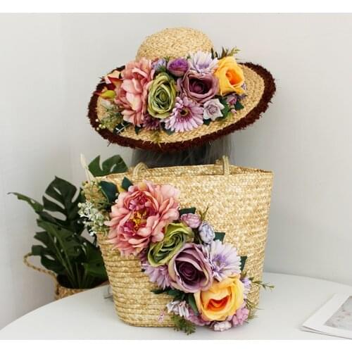 2021 Summer NEW Fashion Straw Bag Handmade Flowers Female Handbag Bohemian Bucket Beach Shlouder Bags with Raffia Hat