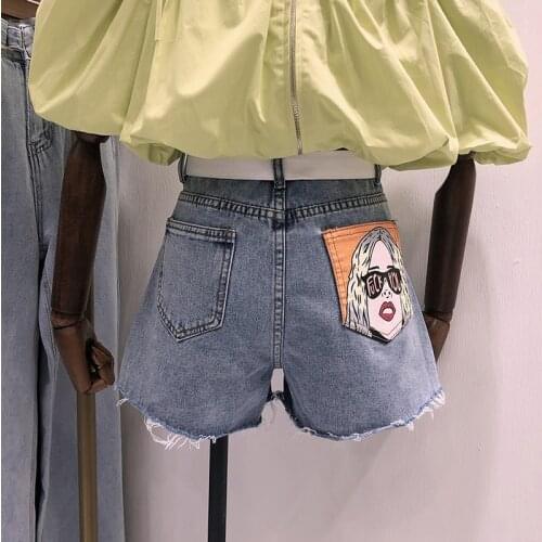 Blue Denim Shorts 2020 Summer Character Print Wide leg High Waist Shorts Female Hot Loose Washed Short Jeans Casual Trousers