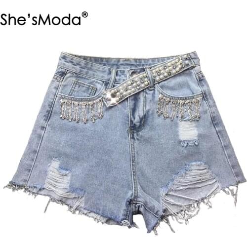 ShesModa Washed Denim Jeans Pearls Diamonds Scratch Holes 2020 Summer Womens Shorts