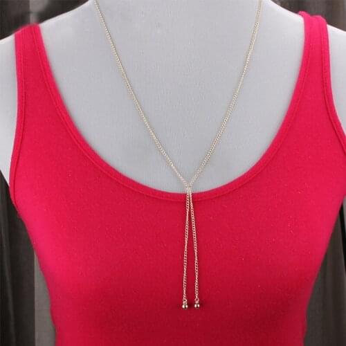 Women Trendy Simple Tiny Golden Copper Long Tassels Ball Beads Pendants Necklaces Lady Chokers Sweater Neck Chains Gifts Jewelry