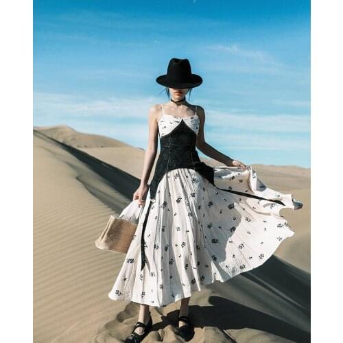 IRINAMS075 Spring Summer 2021 Original Design New Arrivals Spaghetti Straps Long Vintage Black Patchwork Floral Dress Women