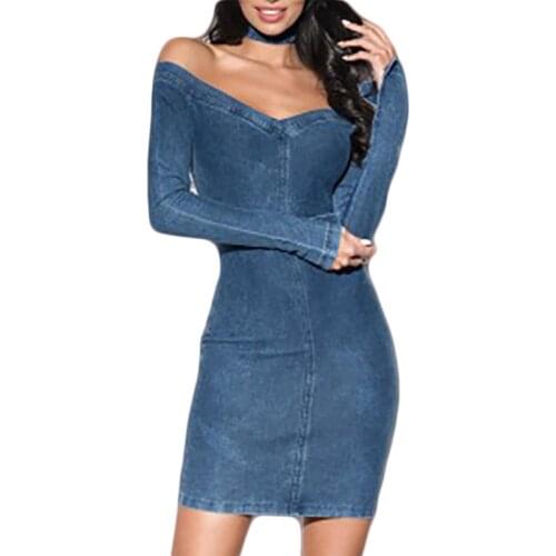 Spring and summer womens dress fashion sexy medium-length slim slimming European womens Long sleeve denim Pack hip dresses