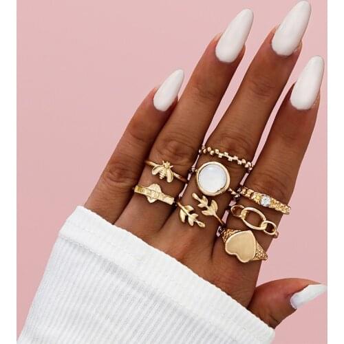 8 Pcs/Set Women Fashion Rings Set Gold Color Peach Heart Leaf Bee Gems Finger Joint Ring Bohemian Vintage Jewelry Gift