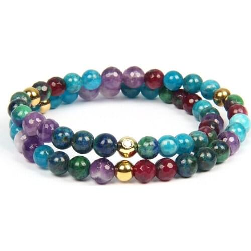 Ailatu Fashion Womens Wristband Double Roll Bracelet with 6mm Natural Apatite & Faceted Purple Crystal Stone Beads
