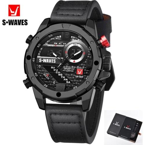Leather Band Men Watch SWAVES Luxury Digital Analog Reloj Hombre With Box Week Waterproof LCD Military Clock Mens Wrist Watches