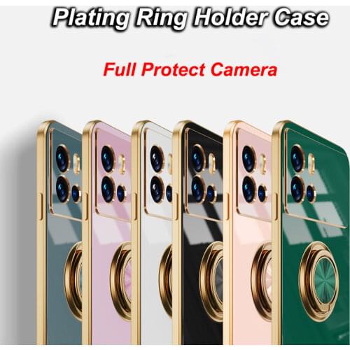 For Vivo X60 X50 X30 Pro 6D Golden Plating Frame Case for VIVO X60 Magnetic Finger Ring Stand Lens Protector Cover Fundas Shell