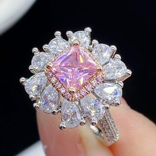 Elegant Pink Crystal Quartz Diamonds Gemstones Flowers Rings for Women 18k White Gold Silver Color Fine Jewelry Precious Gifts