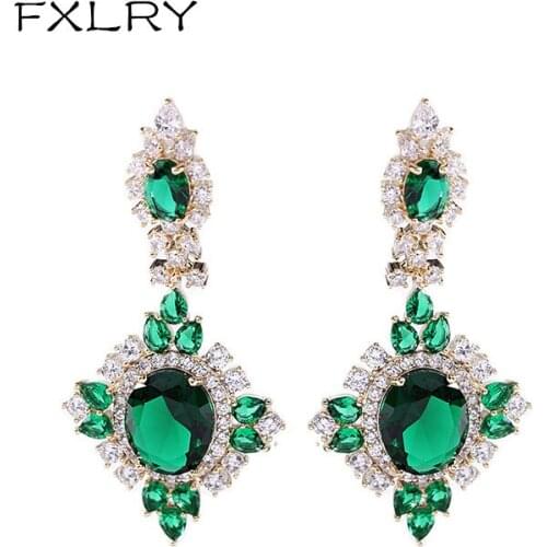 FXLRY Gorgeous French Exaggerated Court Emerald AAA Zircon Vintage Earrings For Women Girl Jewelry