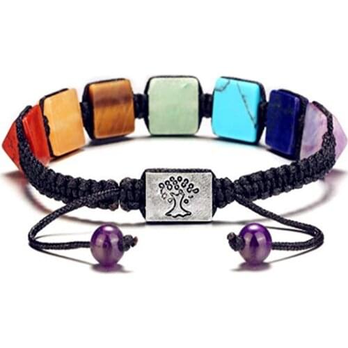 FYJS Unique Silver Plated Tree of Life 7 Colors Square Pyramid Stone Handmade Weave Bracelet Healing Chakra Jewelry