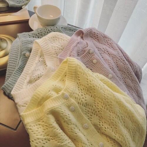 Fashion Sweet O-neck Hollow Out Knitted Sweater Cardigan Womens 2021 Autumn Winter Long Sleeve Soft Korean Causal Crop Tops