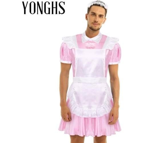 Mens Adults Sissy Maid Cosplay Costume Outfit Turn-down Collar Puff Sleeve Front Button Down Sissy Dress with Apron and Headband