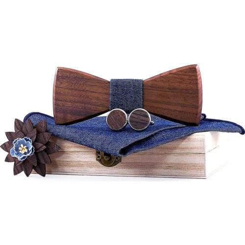 Linbaiway Classic Wood Bowtie+Handkerchief+Cufflinks Set for Mens Suits Butterfly Male Wooden Bow TiesWedding Corbatas Accessory