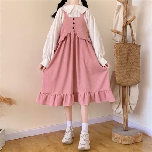Japanese Style Sweet Cute Loose All-Match Vest Doll Collar Lantern Sleeve Shirt Suit for Women Spring and Autumn lolita dress