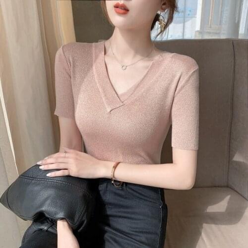 Fashion Spring summerV-neck bright silk Short sleeve sweater womens pullover sweater Slim bottoming shirt