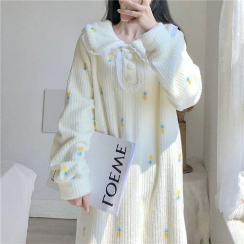 Nightgowns Women Coral Fleece Fruit Print Ins Lovely Ulzzang Home Wear Loose Student Midi Winter Lapel Sweet Girls Hot Sale Chic