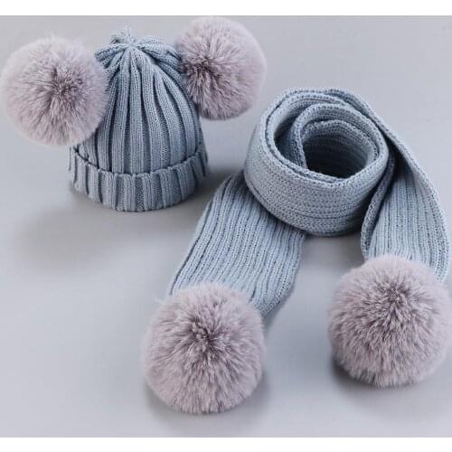 2020 New Fashion Kids Pom Poms Beanie Warm Knitted Hat Scarf 2 Pieces Set Winter Pompom Cap Scarves Children Winter Hat Cap