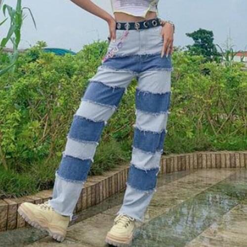 2021 Newest High Waist Chic Jeans Color Block Patchwork Straight Trousers Female Wild Casual Trendy Tassel Trim Denim Pants