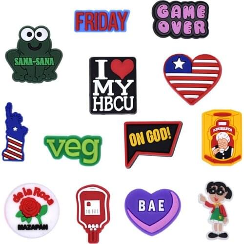 New Designer Cartoon Word Cute Hole Slippers Shoe Charms Icon Buckles For Party Gifts PVC Accessories Shoe Croc Decor