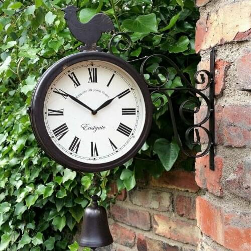 New Outdoor Wrought Iron Garden Clock Innovative Double-Sided Metal Wall Clock Hanging Clock With Cockerel Bell Shape