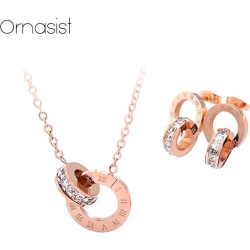 New Jewelry Double Circle Crystal Roman Numeral Necklace Titanium Steel Earrings Rose Gold Color Best Gift for Friends