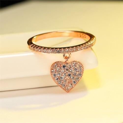 Luxury Female White Crystal Pendant Ring Charm Rose Gold Color Wedding Rings For Women Cute Bridal Love Heart Engagement Ring