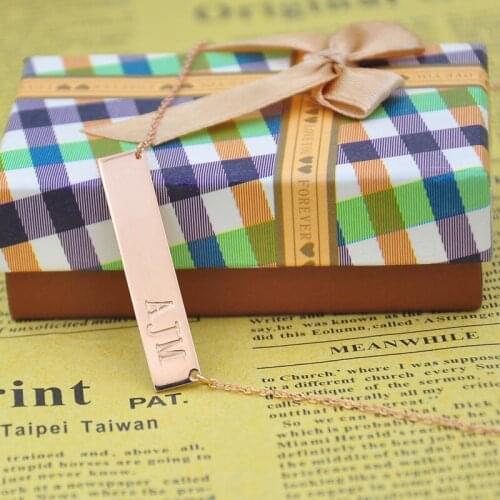 Rose Gold Bar Engraved 3 Initials Hand Stamp Name Bar Custom Fashion Women Pendent Gift