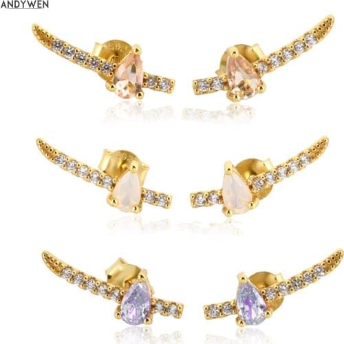 ANDYWEN 925 Sterling Silver Ovals Morganite Stud Earring 18mm Crystal Zircon CZ Line New Pendiente Piercing 2020 Luxury Earring