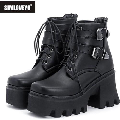 SIMLOVEYO Black Platform Combat Ankle boots for women Lace Up Buckle Strap Woman shoes Winter biker boots Big size 2021 New Cool