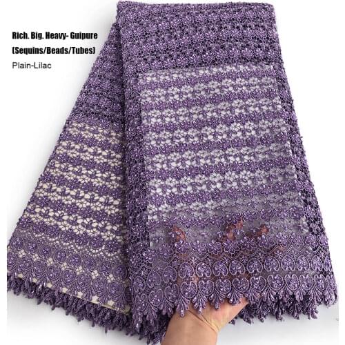 Heavy Plain Lilac All Handworks African guipure lace Rich wedding cord fabric Big Nigerian occasional wear dress clothes 5 yards