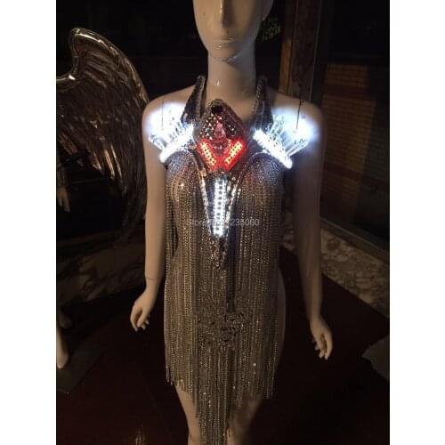 WYY Tassel Neckwear silver Diamond for led light dance ballroom costumes model clothes bar party disco dj stage show dresses