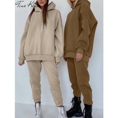 Womens Tracksuit Fleece Hooded Two Piece Set Oversized Hoodies Jogger Pants Sets Female 2021 Autumn Casual Lady Sportswear Suit