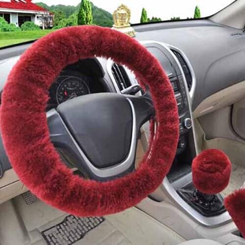 3Pcs/set Winter wine red warm Wool plush car steering wheel cover handbrake covers Automotive Interior Decor