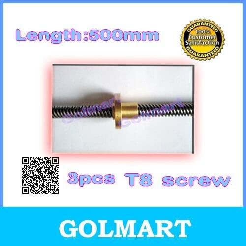 3pcs stainless steel 8mm Diameter 500mm Length Trapezoidal Spindle lead screw + flange brass copper nut For 3D Printer Z Axis
