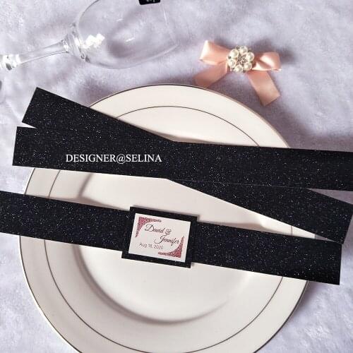 50x Black Glittery Wrap with Editable Tag for Invitations, Party Favor Tag, Thank You Tags, Sprinkle Belly Band for Wedding