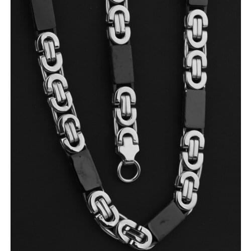 6/8mm Wide Fashion Stainless Steel Silver Color/Black Flat Byzantine Chain Mens Unisexs Necklace 22"&Bracelet 8.66" Jewelry Sets