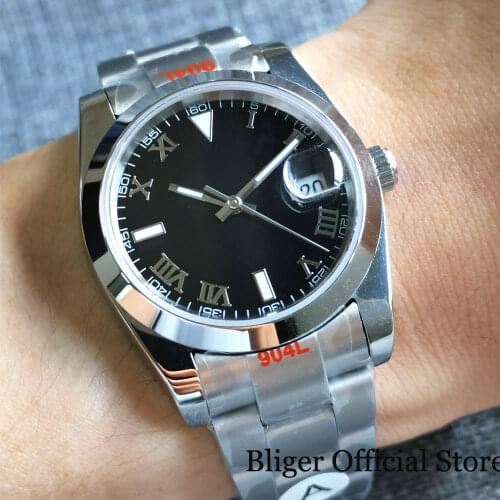 BLIGER Brand Roman Numbers 36mm Steel Polished MIYOTA 8215 Automatic Men Watch Brushed Glidelock Oyster Bracelet Screwdown Crown