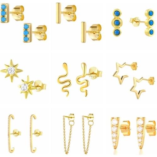 BOAKO 925 Sterling Silver Turquoise Bar-type Stud Earrings For Women Cubic Zirconia Jeweled Star Snake Ear Stud Fine Jewelry