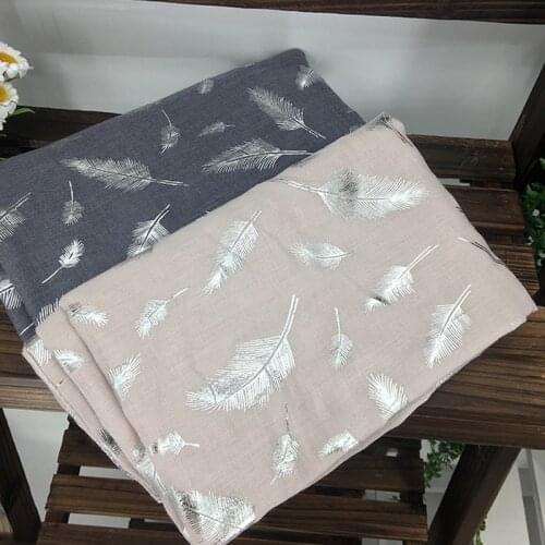 Brand designer Cotton long scarf hijab fashion women headband shawl Silver feather print female Womens scarves