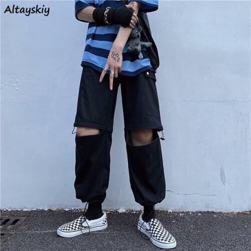 Casual Pants Women Chic Cargo Trouser Fashion Ulzzang Full Length Boyfriend Drawstring Couples Pure Color Students Unisex Female
