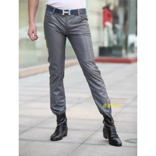 Men New Fashion Korean leather pants smoke gray Slim Male trousers Nightclub performances large size motorcycle leather pants