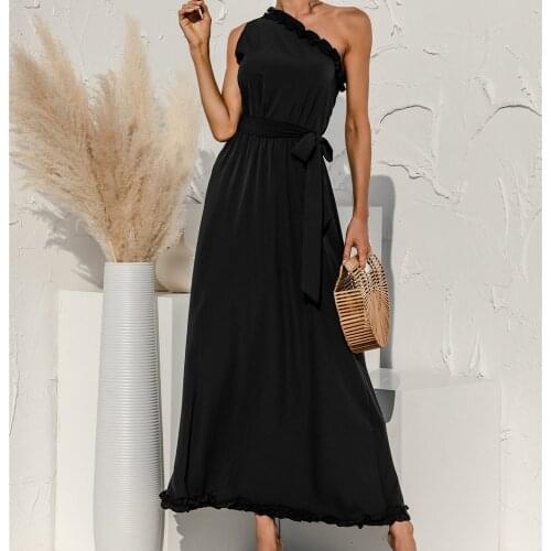 Black Sexy One Shoulders Party Maxi Dresses Women Sashes Ruffles Summer Sundress Solid Color Females 2021 Long Dress