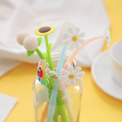 5pcs Sunflower Pen Creative Stationery Lovely Little Flower Silicone Pen 0.5 Color Changing Student School Teacher Gel Pen Gift