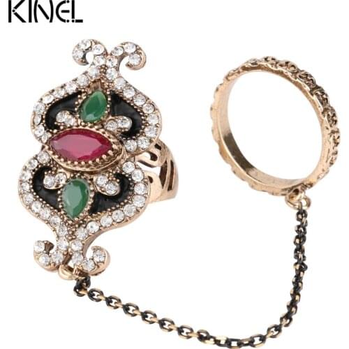 2017 New Arrival Turkish Two Finger Rings For Party Women Red Resin Hollow Out Flower Design Vintage Ring Anel Jewelry